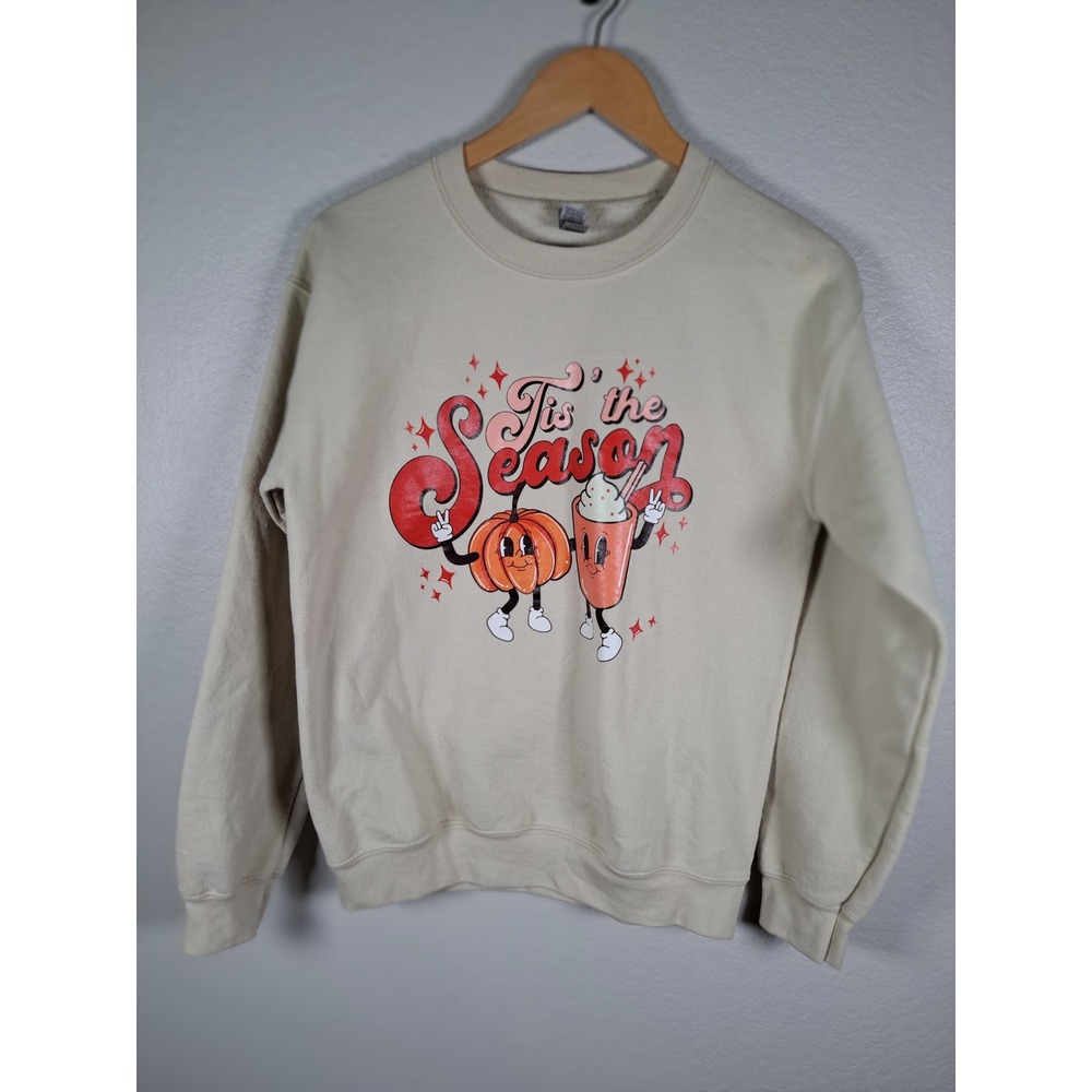Gildan Heavy Blend Tis the Season Pumpkin Latte Graphic Sweatshirt Sand Small